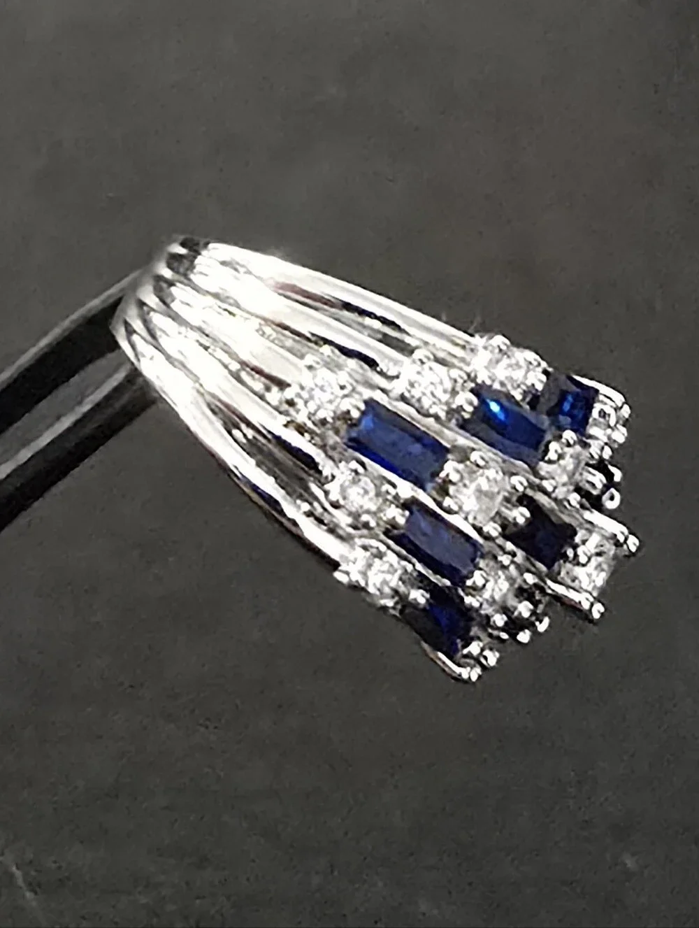 Vintage Deco Size 7 Sapphire Blue Baguette Ring Silver Tone Cocktail Statement